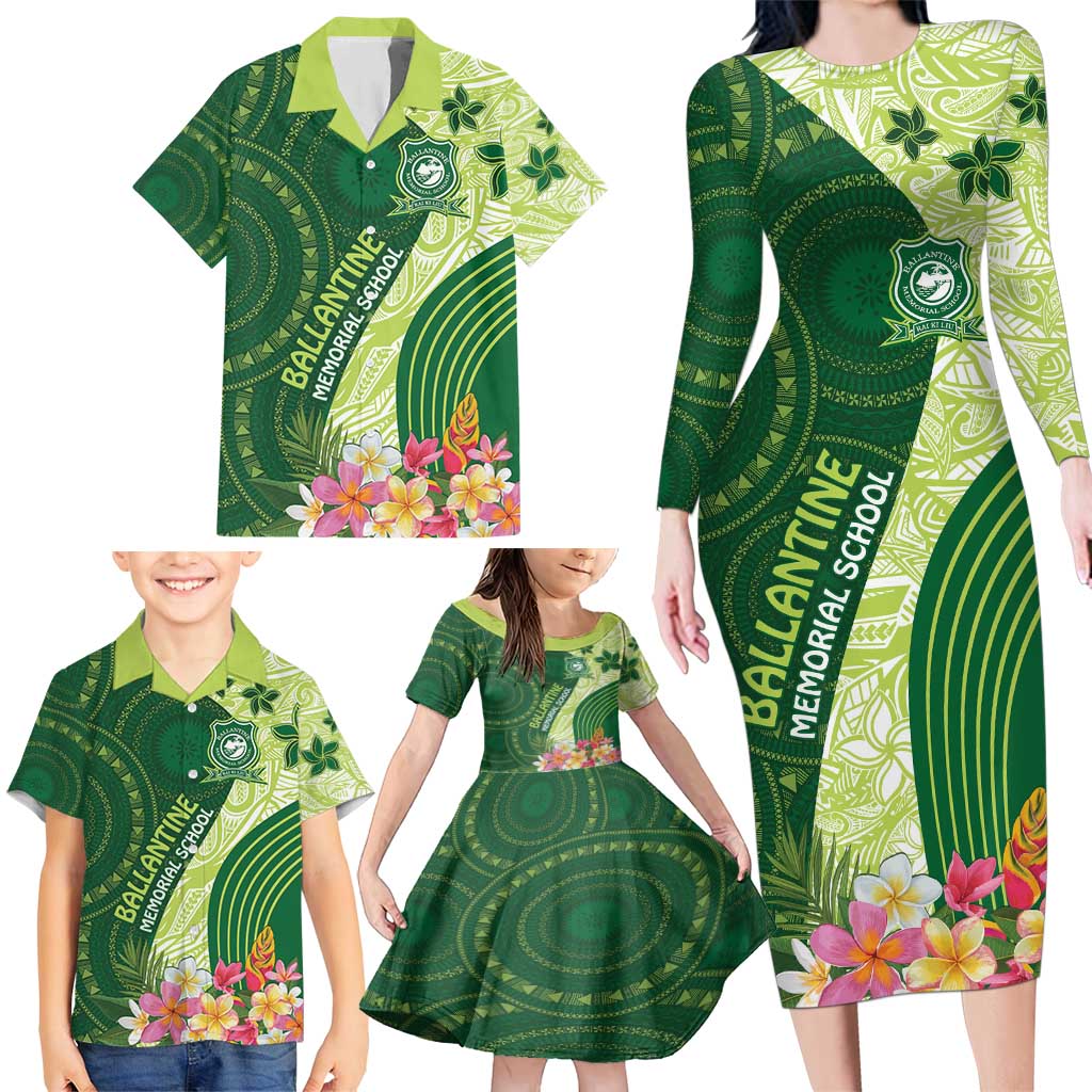 Fiji Ballantine Memorial High School Personalised Family Matching Long Sleeve Bodycon Dress and Hawaiian Shirt Masi Tapa Mix Plumeria