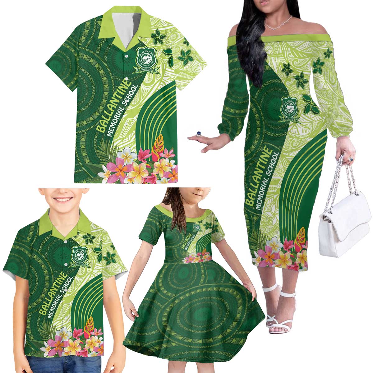 Fiji Ballantine Memorial High School Personalised Family Matching Off The Shoulder Long Sleeve Dress and Hawaiian Shirt Masi Tapa Mix Plumeria