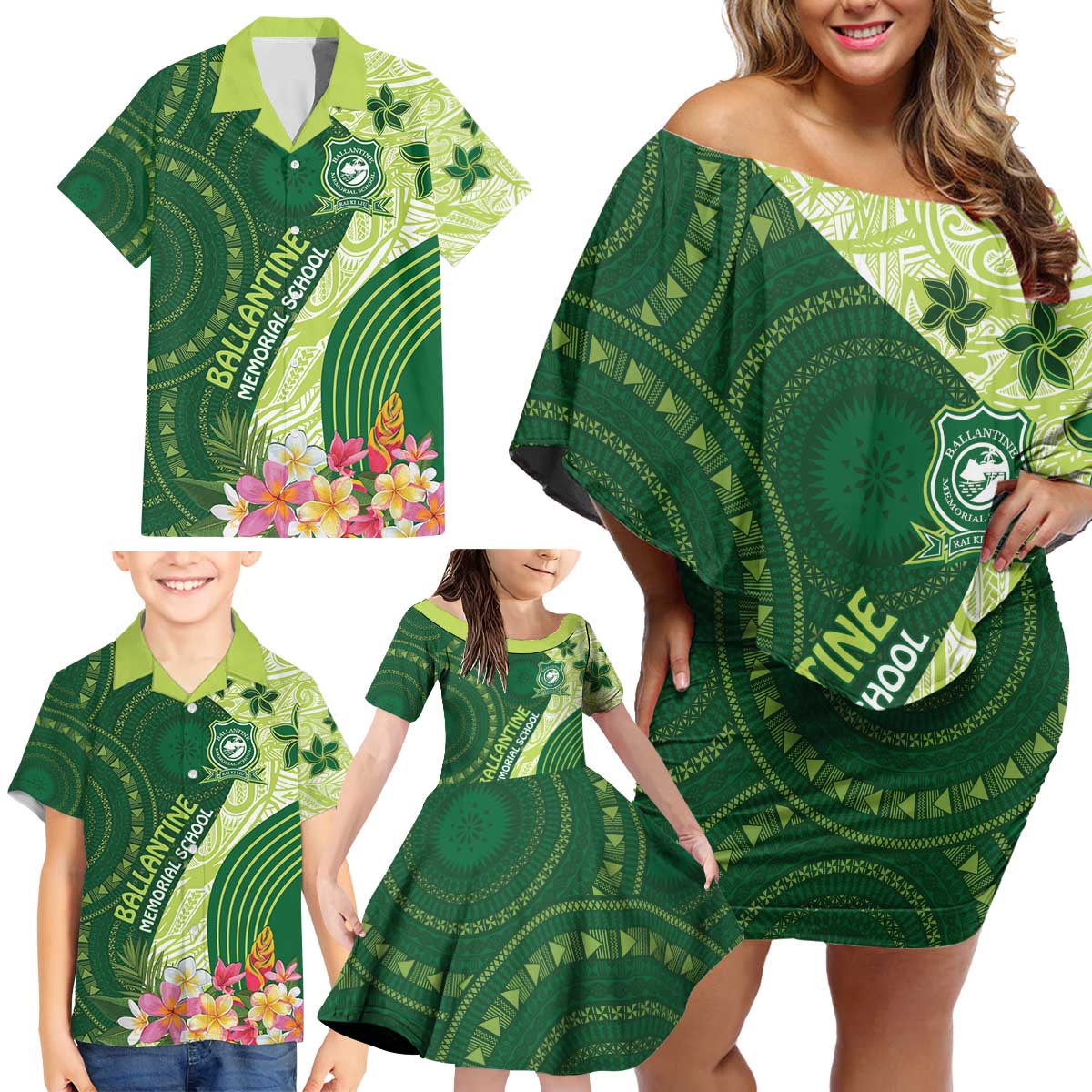 Fiji Ballantine Memorial High School Personalised Family Matching Off Shoulder Short Dress and Hawaiian Shirt Masi Tapa Mix Plumeria