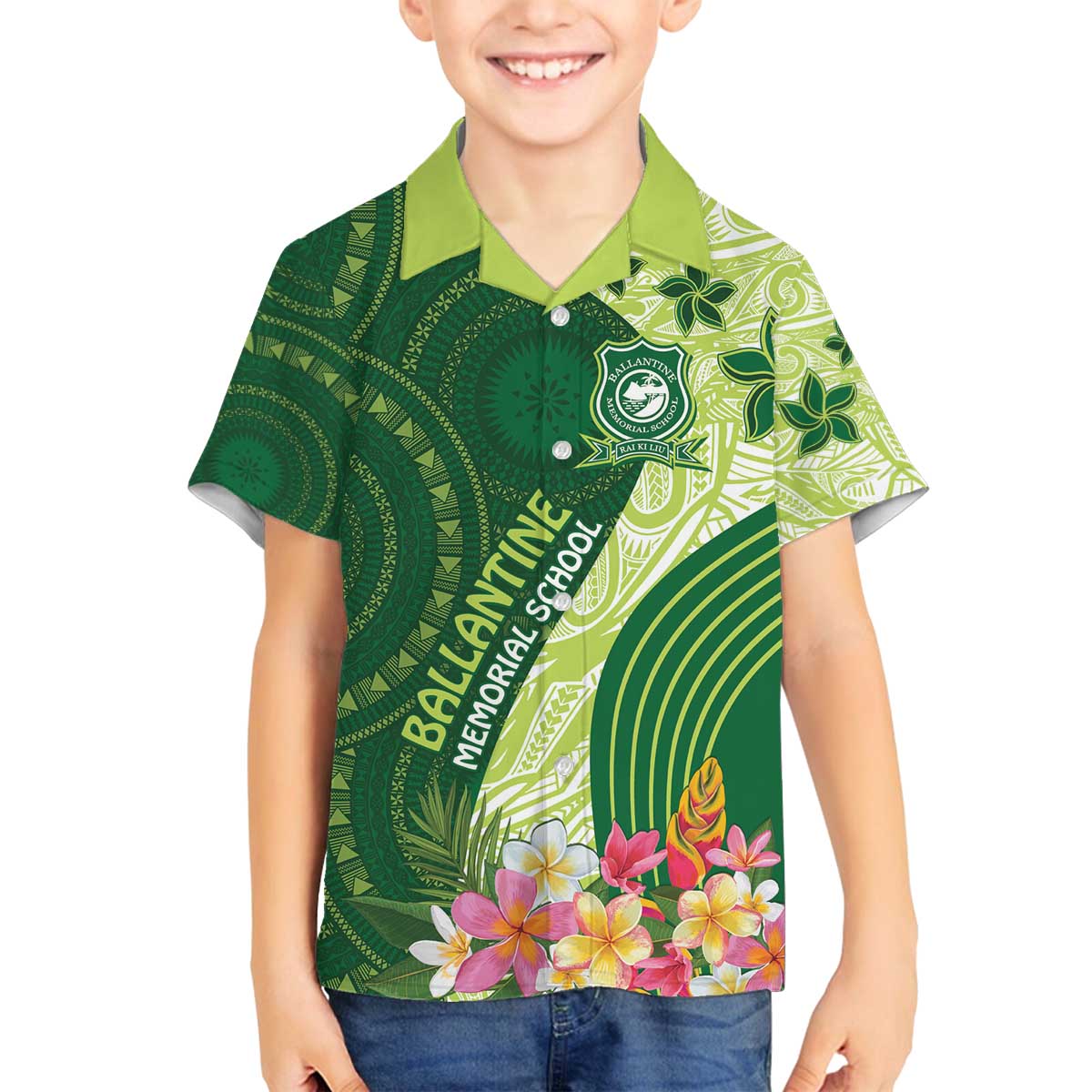 Fiji Ballantine Memorial High School Personalised Family Matching Off Shoulder Short Dress and Hawaiian Shirt Masi Tapa Mix Plumeria