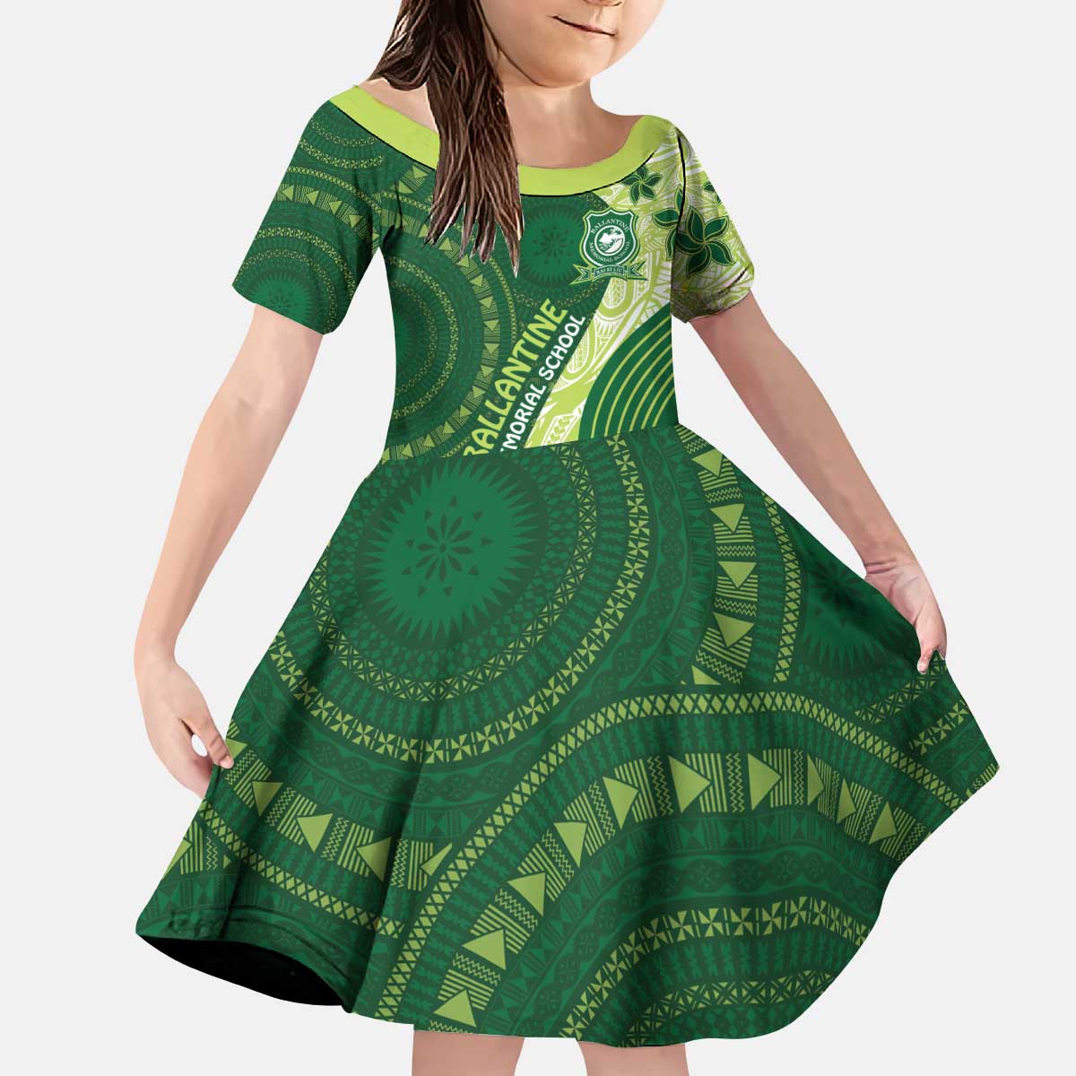 Fiji Ballantine Memorial High School Personalised Kid Short Sleeve Dress Masi Tapa Mix Plumeria