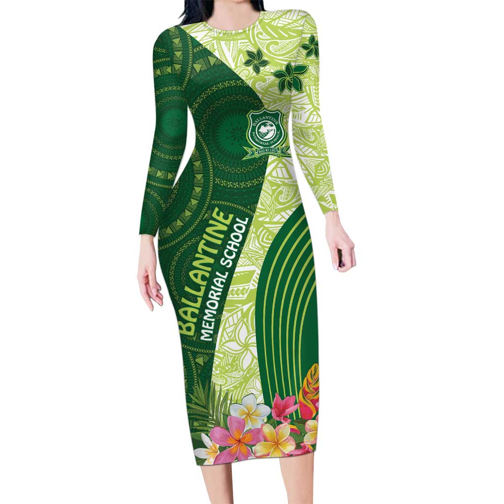 Fiji Ballantine Memorial High School Personalised Long Sleeve Bodycon Dress Masi Tapa Mix Plumeria