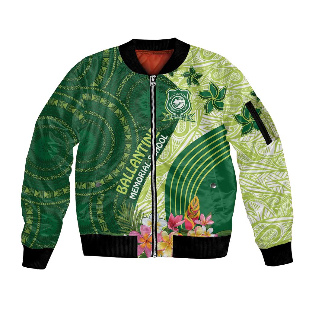 Fiji Ballantine Memorial High School Personalised Sleeve Zip Bomber Jacket Masi Tapa Mix Plumeria