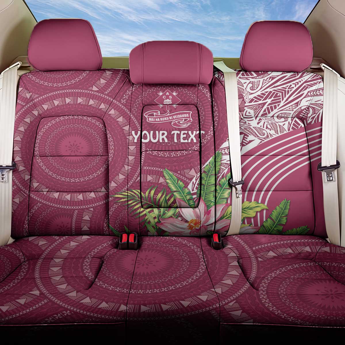 Fiji Adi Cakobau School Personalised Back Car Seat Cover Masi Tapa Mix Plumeria