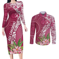 Fiji Adi Cakobau School Personalised Couples Matching Long Sleeve Bodycon Dress and Long Sleeve Button Shirt Masi Tapa Mix Plumeria