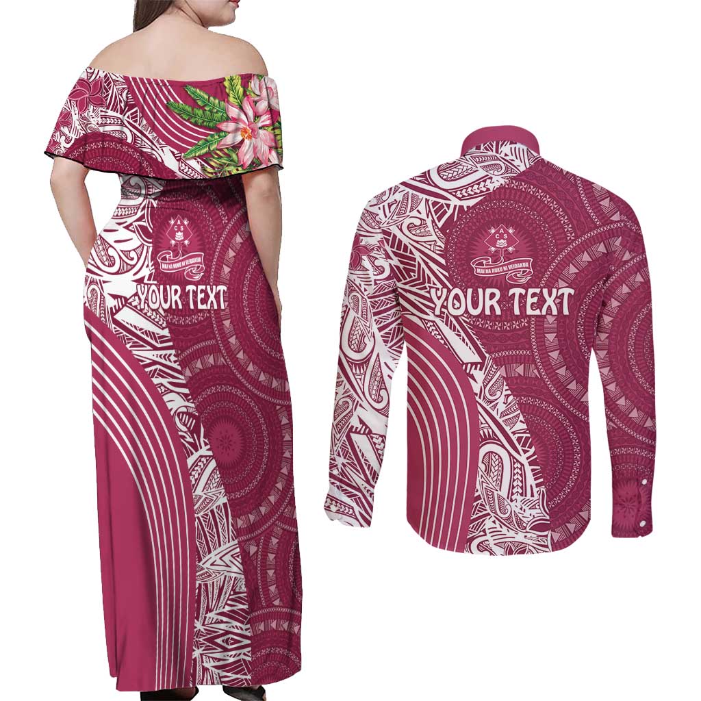 Fiji Adi Cakobau School Personalised Couples Matching Off Shoulder Maxi Dress and Long Sleeve Button Shirt Masi Tapa Mix Plumeria