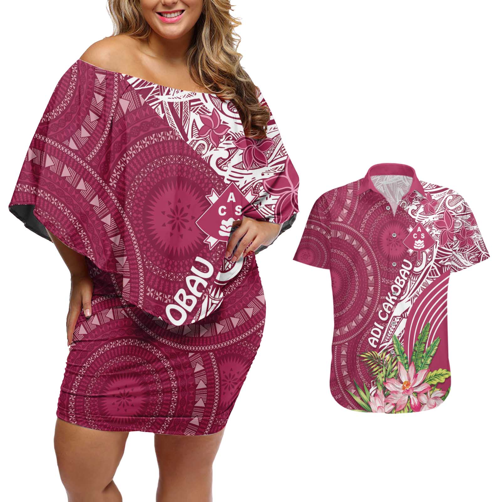 Fiji Adi Cakobau School Personalised Couples Matching Off Shoulder Short Dress and Hawaiian Shirt Masi Tapa Mix Plumeria