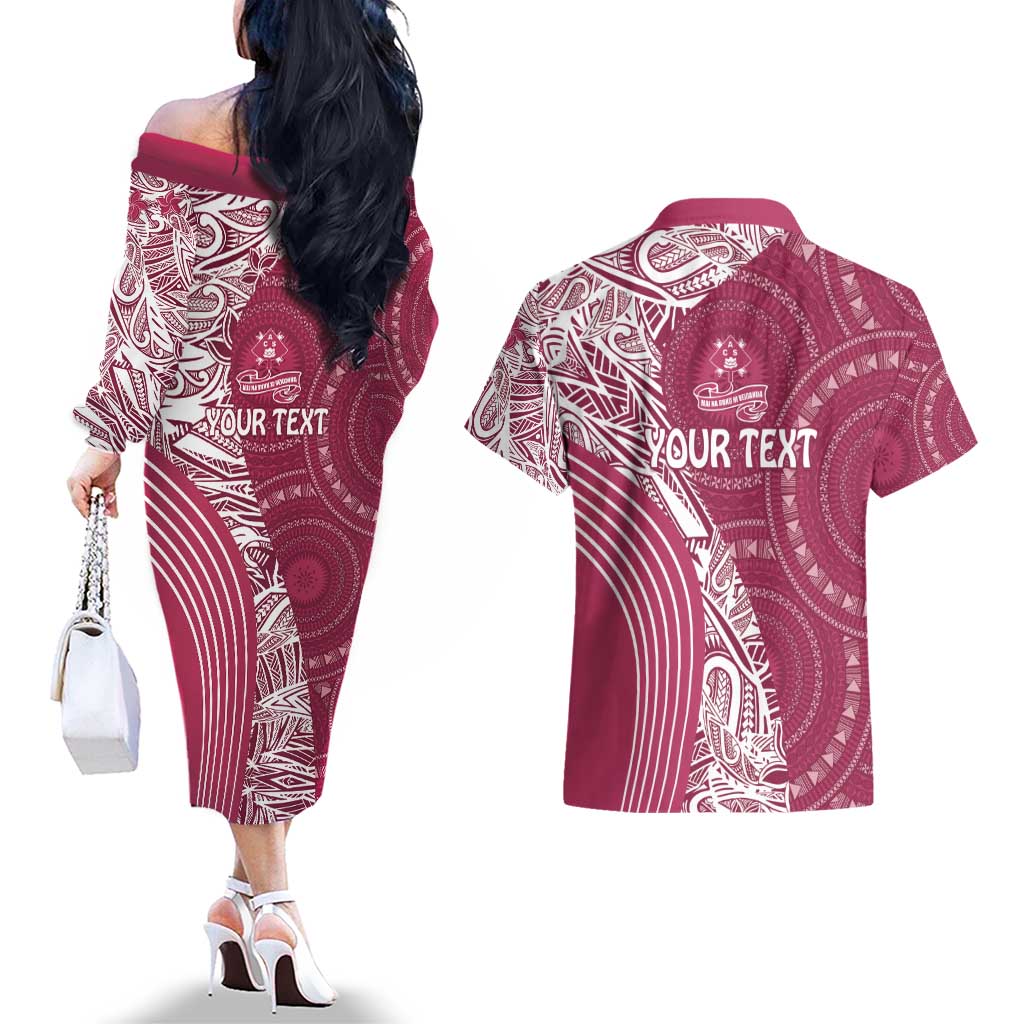 Fiji Adi Cakobau School Personalised Couples Matching Off The Shoulder Long Sleeve Dress and Hawaiian Shirt Masi Tapa Mix Plumeria
