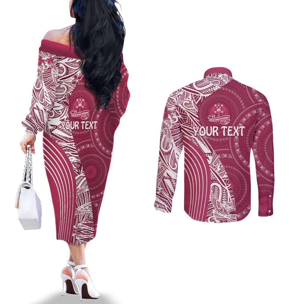 Fiji Adi Cakobau School Personalised Couples Matching Off The Shoulder Long Sleeve Dress and Long Sleeve Button Shirt Masi Tapa Mix Plumeria