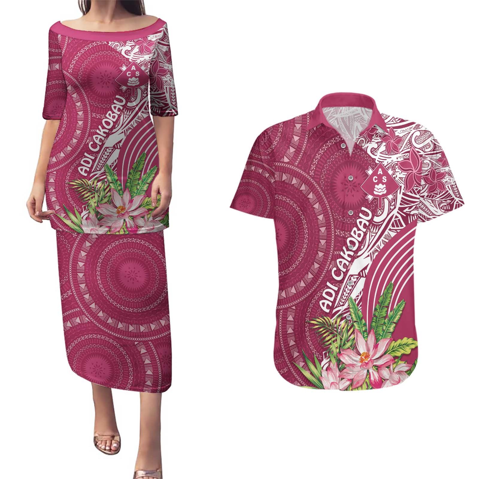 Fiji Adi Cakobau School Personalised Couples Matching Puletasi and Hawaiian Shirt Masi Tapa Mix Plumeria