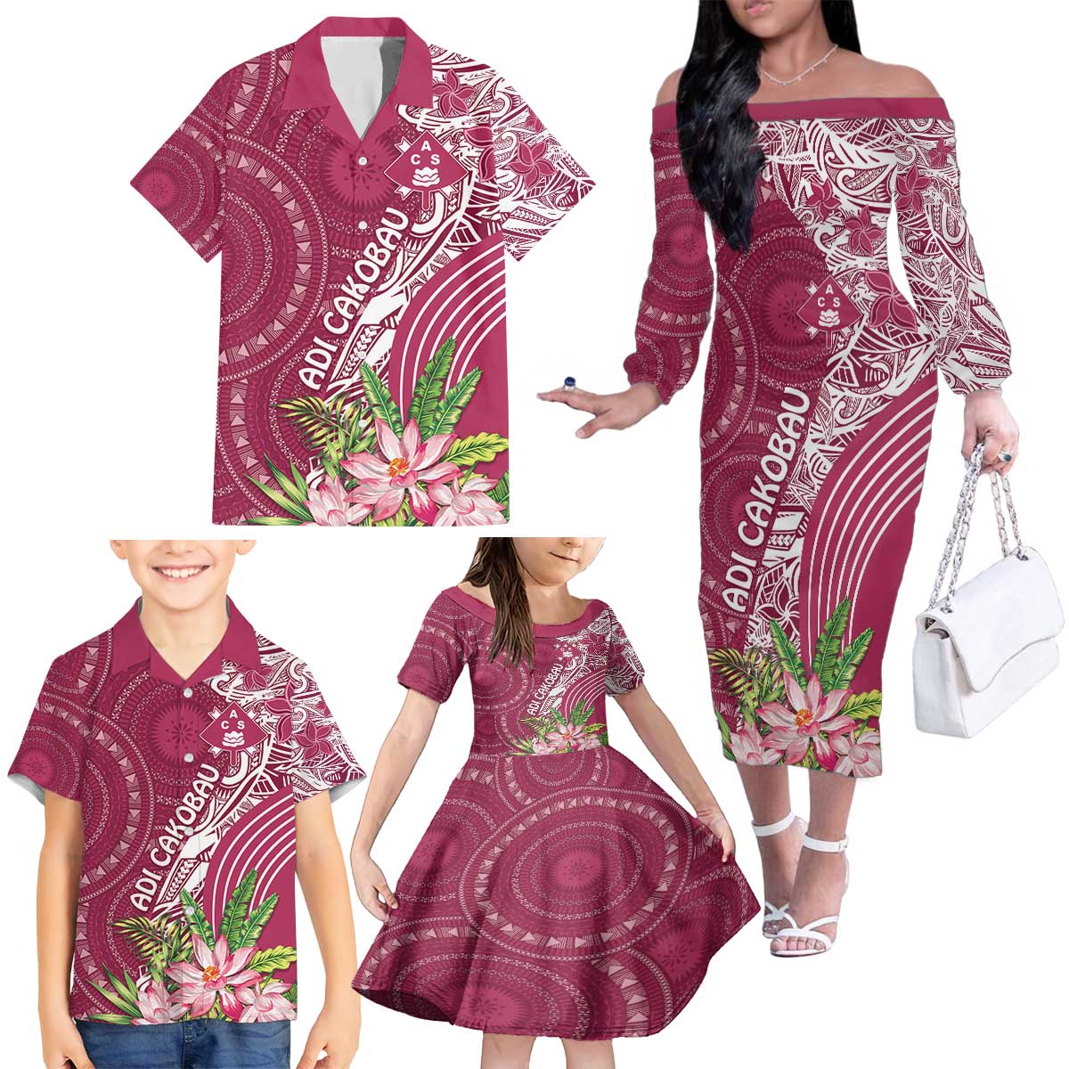 Fiji Adi Cakobau School Personalised Family Matching Off The Shoulder Long Sleeve Dress and Hawaiian Shirt Masi Tapa Mix Plumeria