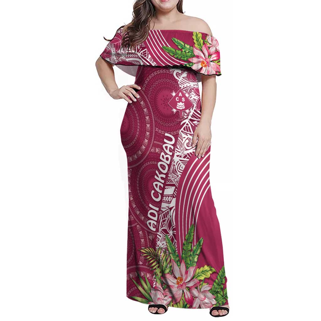 Fiji Adi Cakobau School Personalised Family Matching Off Shoulder Maxi Dress and Hawaiian Shirt Masi Tapa Mix Plumeria