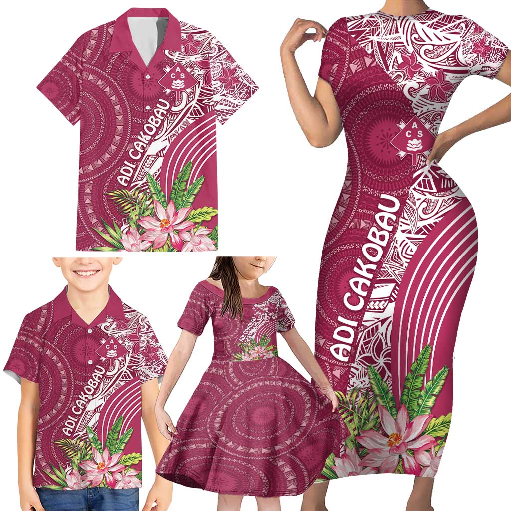 Fiji Adi Cakobau School Personalised Family Matching Short Sleeve Bodycon Dress and Hawaiian Shirt Masi Tapa Mix Plumeria