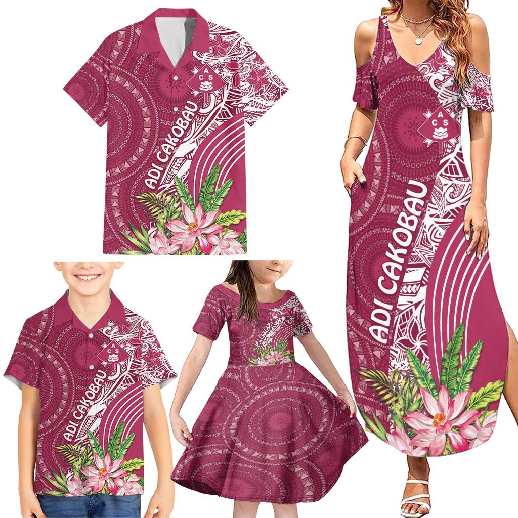 Fiji Adi Cakobau School Personalised Family Matching Summer Maxi Dress and Hawaiian Shirt Masi Tapa Mix Plumeria