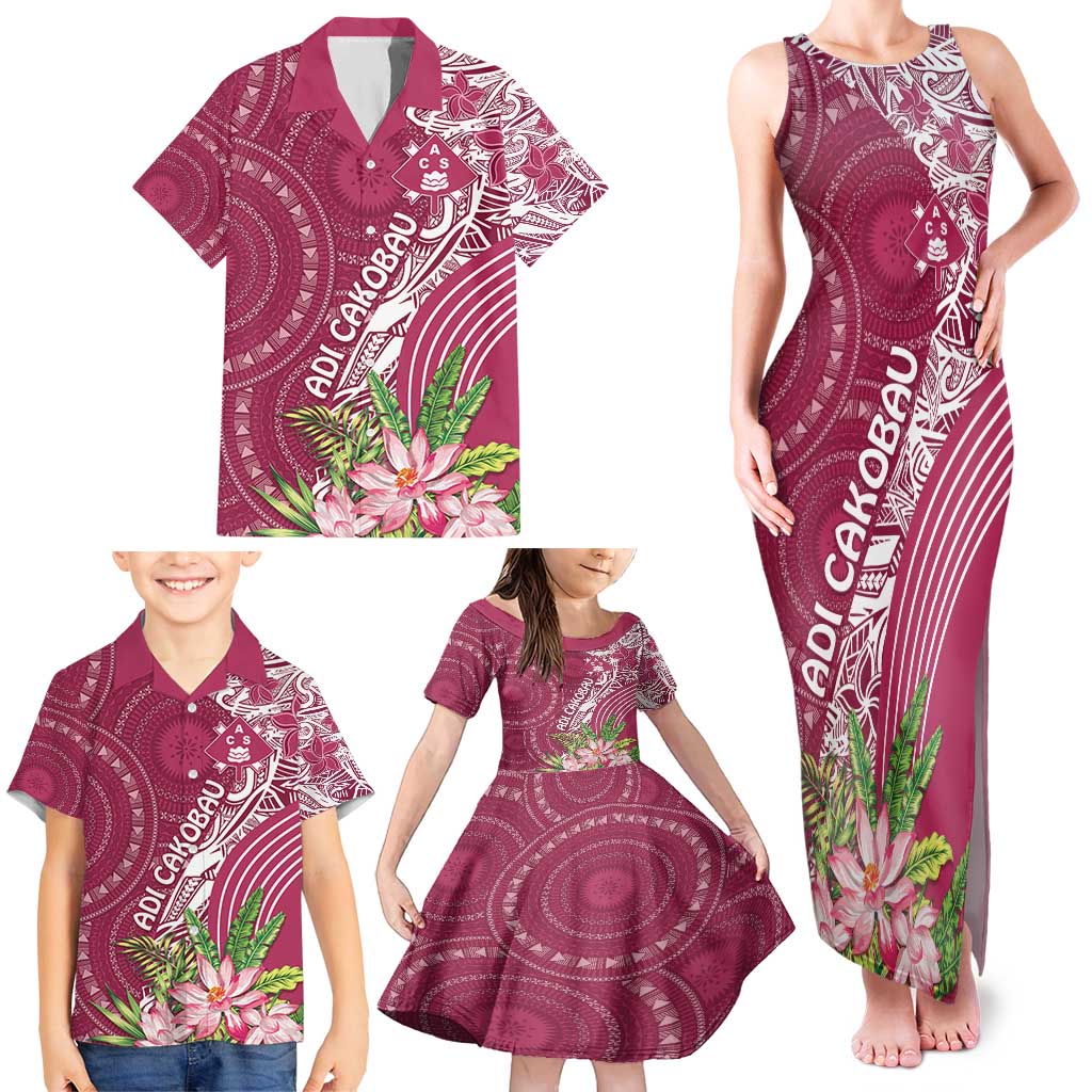 Fiji Adi Cakobau School Personalised Family Matching Tank Maxi Dress and Hawaiian Shirt Masi Tapa Mix Plumeria