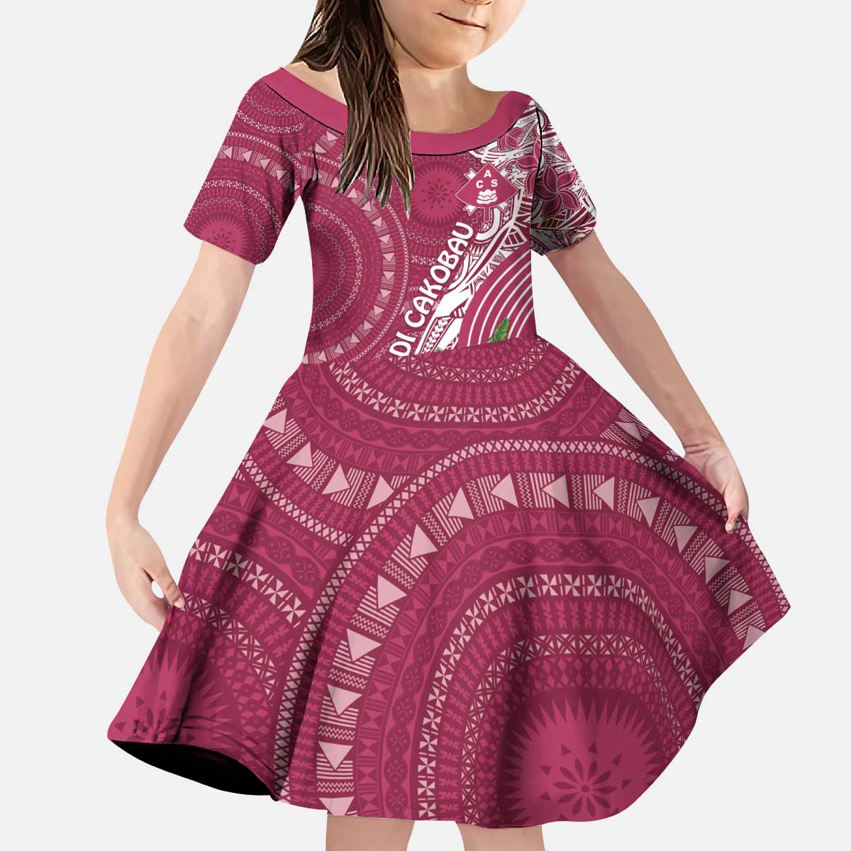 Fiji Adi Cakobau School Personalised Kid Short Sleeve Dress Masi Tapa Mix Plumeria