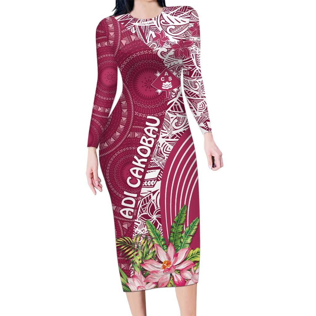 Fiji Adi Cakobau School Personalised Long Sleeve Bodycon Dress Masi Tapa Mix Plumeria