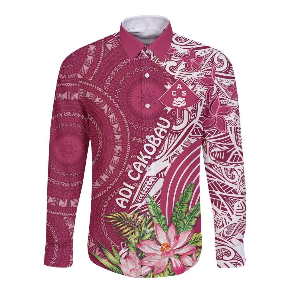 Fiji Adi Cakobau School Personalised Long Sleeve Button Shirt Masi Tapa Mix Plumeria