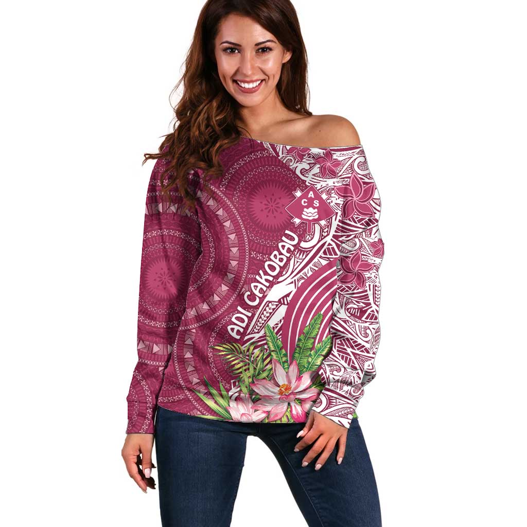 Fiji Adi Cakobau School Personalised Off Shoulder Sweater Masi Tapa Mix Plumeria