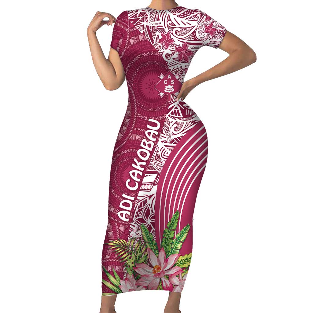 Fiji Adi Cakobau School Personalised Short Sleeve Bodycon Dress Masi Tapa Mix Plumeria