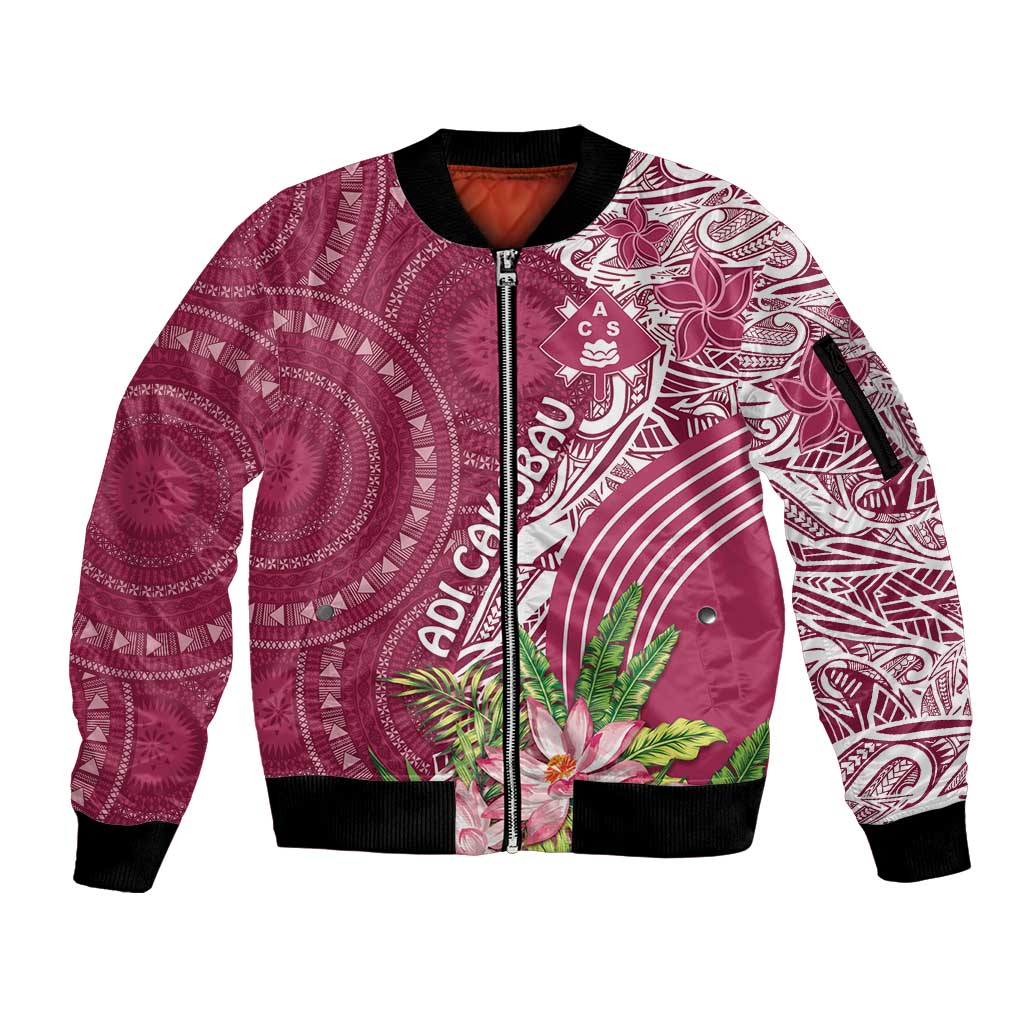 Fiji Adi Cakobau School Personalised Sleeve Zip Bomber Jacket Masi Tapa Mix Plumeria
