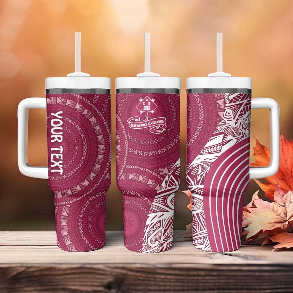 Fiji Adi Cakobau School Personalised Tumbler With Handle Masi Tapa Mix Plumeria