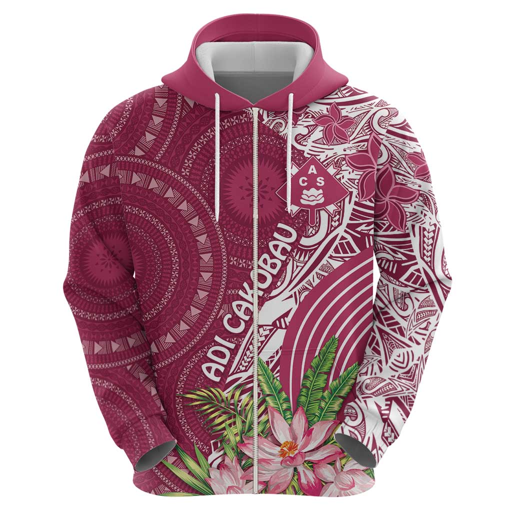 Fiji Adi Cakobau School Personalised Zip Hoodie Masi Tapa Mix Plumeria
