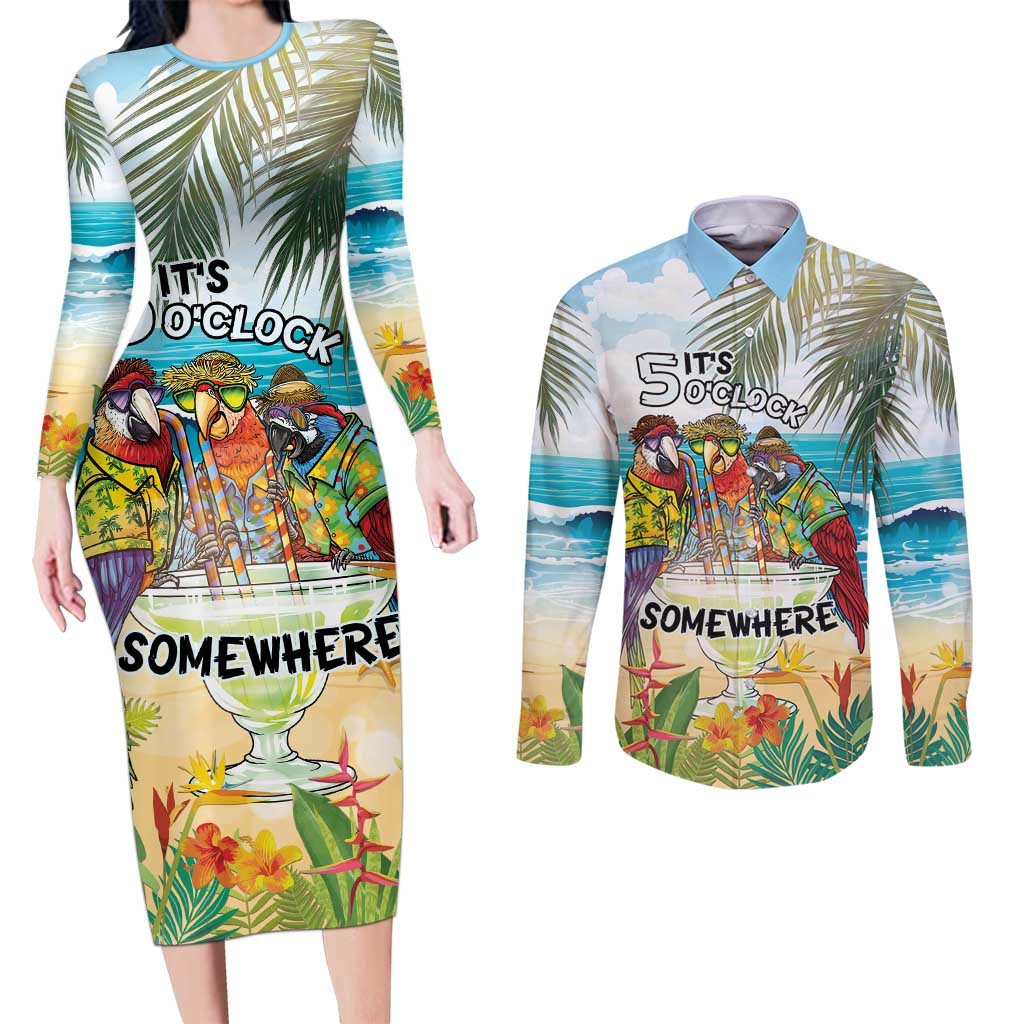 It's 5 o'clock Somewhere Couples Matching Long Sleeve Bodycon Dress and Long Sleeve Button Shirt Beach Party LT7 Colorful - Polynesian Pride