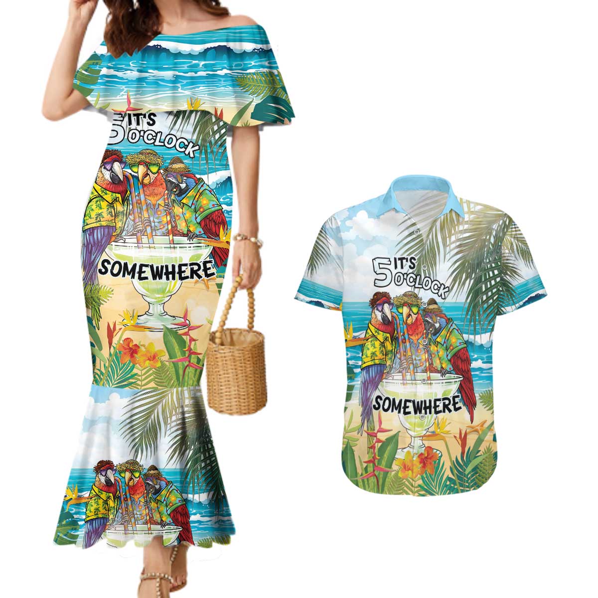 It's 5 o'clock Somewhere Couples Matching Mermaid Dress and Hawaiian Shirt Beach Party LT7 Colorful - Polynesian Pride
