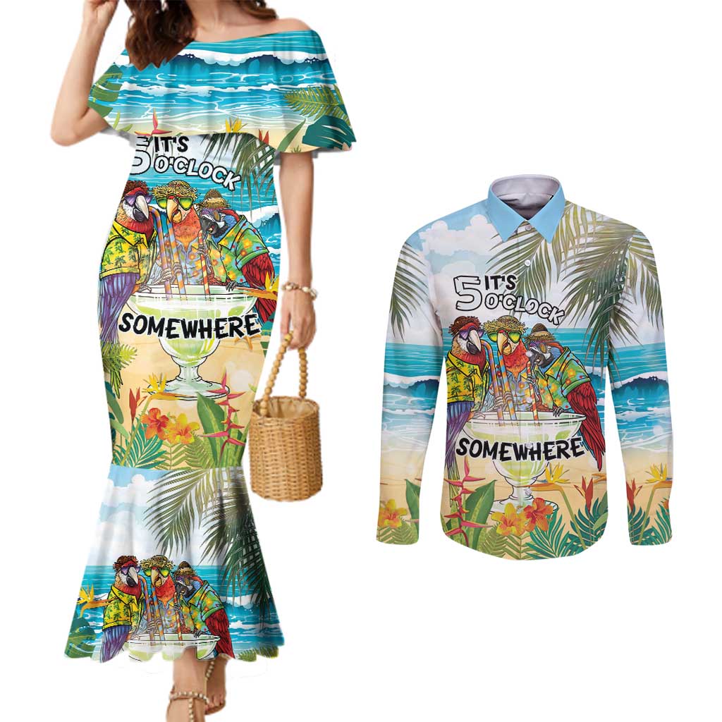 It's 5 o'clock Somewhere Couples Matching Mermaid Dress and Long Sleeve Button Shirt Beach Party LT7 Colorful - Polynesian Pride