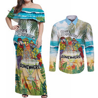 It's 5 o'clock Somewhere Couples Matching Off Shoulder Maxi Dress and Long Sleeve Button Shirt Beach Party LT7 Colorful - Polynesian Pride