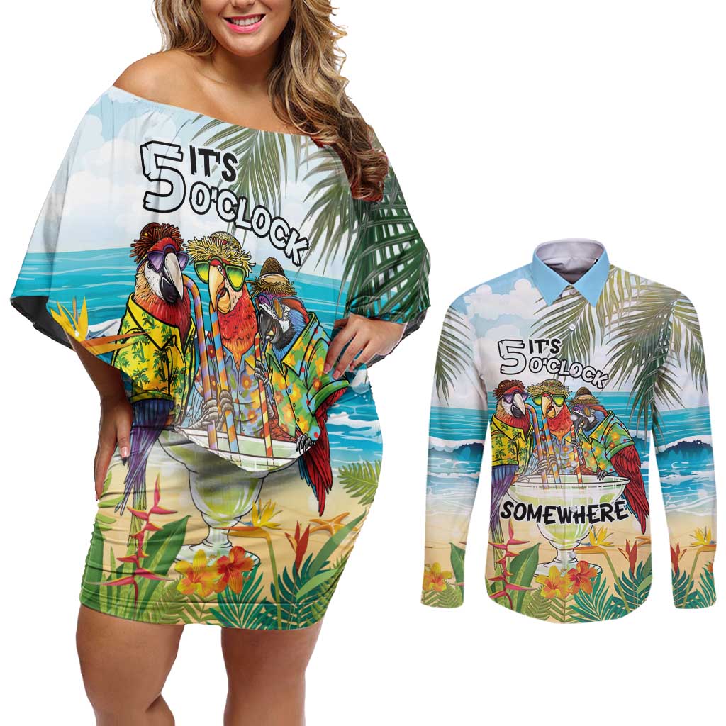 It's 5 o'clock Somewhere Couples Matching Off Shoulder Short Dress and Long Sleeve Button Shirt Beach Party LT7 Colorful - Polynesian Pride