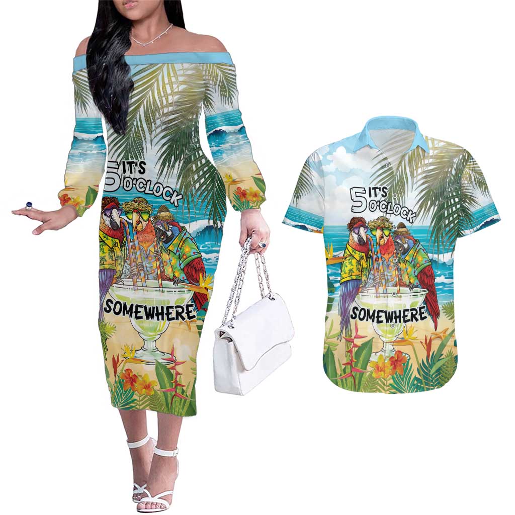 It's 5 o'clock Somewhere Couples Matching Off The Shoulder Long Sleeve Dress and Hawaiian Shirt Beach Party LT7 Colorful - Polynesian Pride