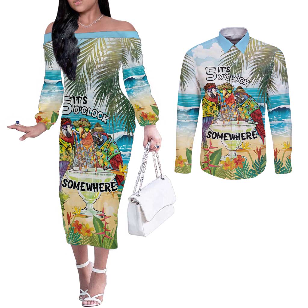 It's 5 o'clock Somewhere Couples Matching Off The Shoulder Long Sleeve Dress and Long Sleeve Button Shirt Beach Party LT7 Colorful - Polynesian Pride