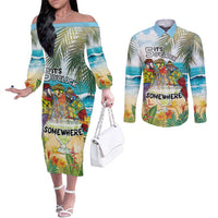 It's 5 o'clock Somewhere Couples Matching Off The Shoulder Long Sleeve Dress and Long Sleeve Button Shirt Beach Party LT7 Colorful - Polynesian Pride