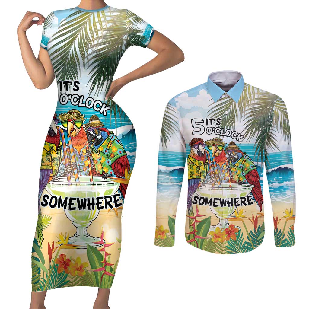 It's 5 o'clock Somewhere Couples Matching Short Sleeve Bodycon Dress and Long Sleeve Button Shirt Beach Party LT7 Colorful - Polynesian Pride