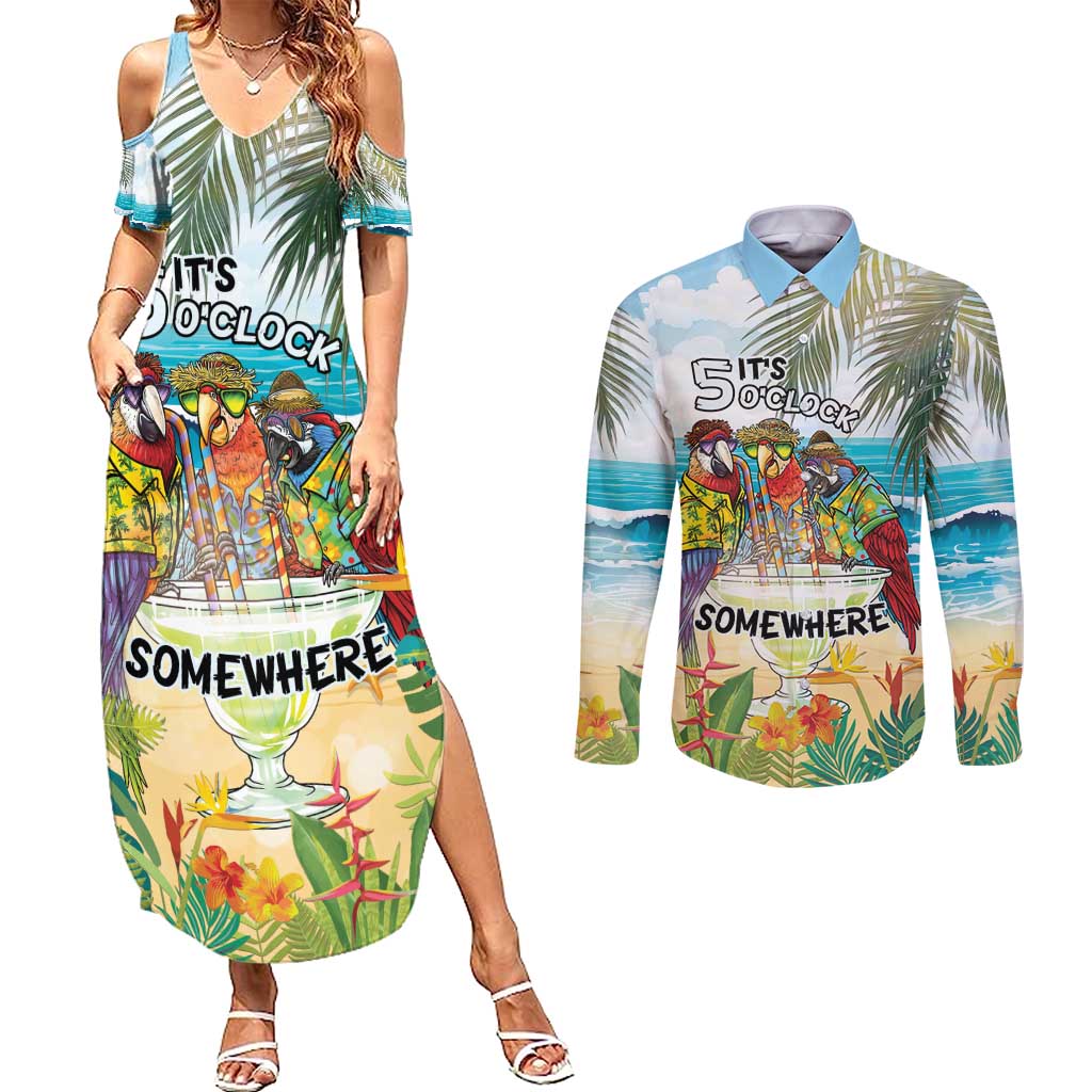 It's 5 o'clock Somewhere Couples Matching Summer Maxi Dress and Long Sleeve Button Shirt Beach Party LT7 Colorful - Polynesian Pride