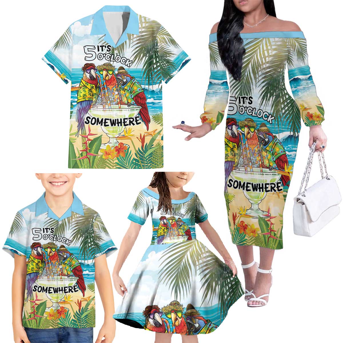 It's 5 o'clock Somewhere Family Matching Off The Shoulder Long Sleeve Dress and Hawaiian Shirt Beach Party LT7 - Polynesian Pride