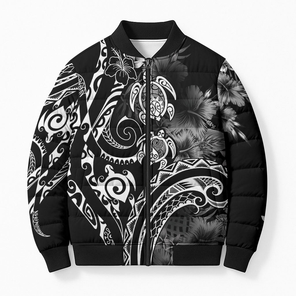 Aloha Hawaii Turtles Floral Bomber Puffer Jacket Obsidian Glaze LT7 Unisex Black - Polynesian Pride
