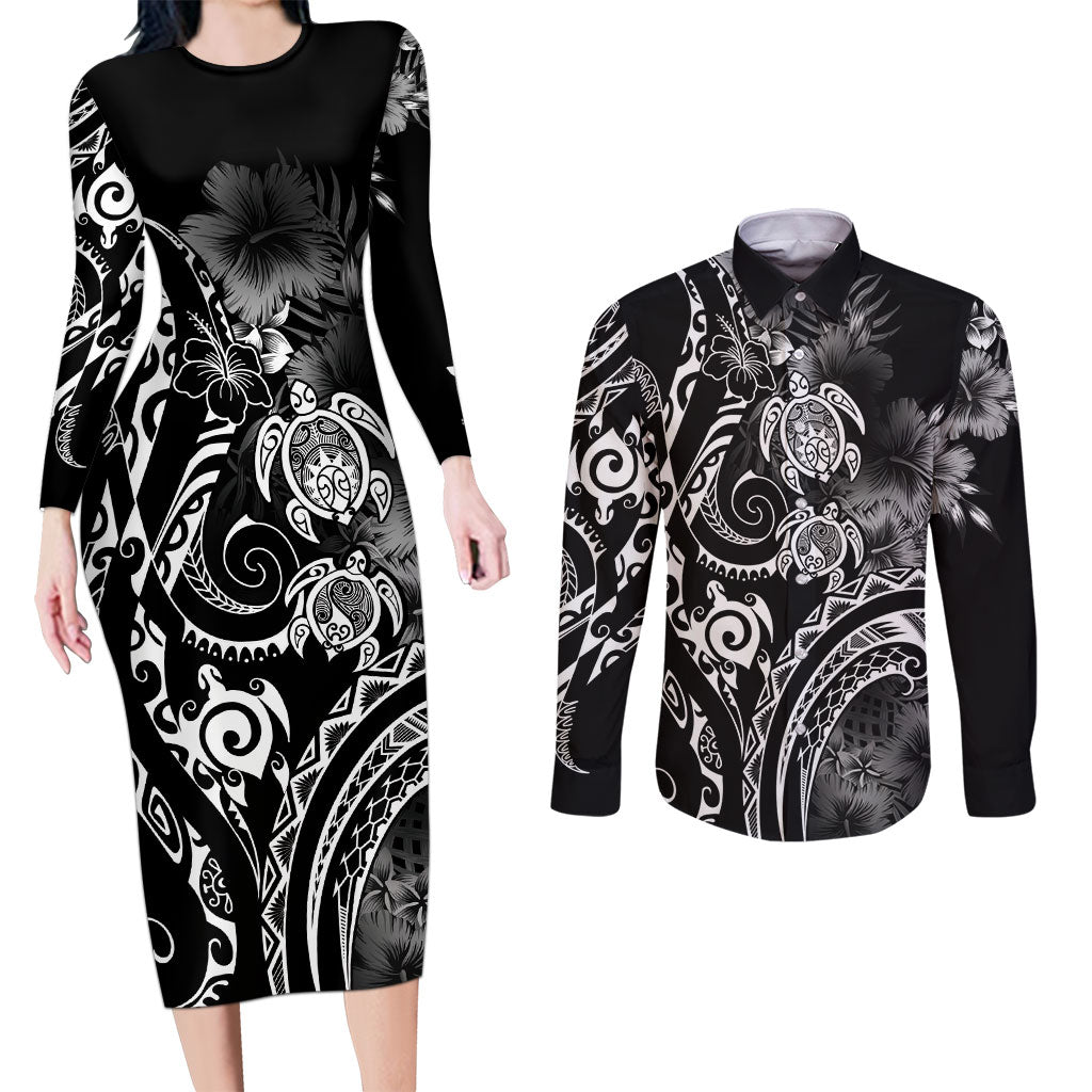 Aloha Hawaii Turtles Floral Couples Matching Long Sleeve Bodycon Dress and Long Sleeve Button Shirt Obsidian Glaze