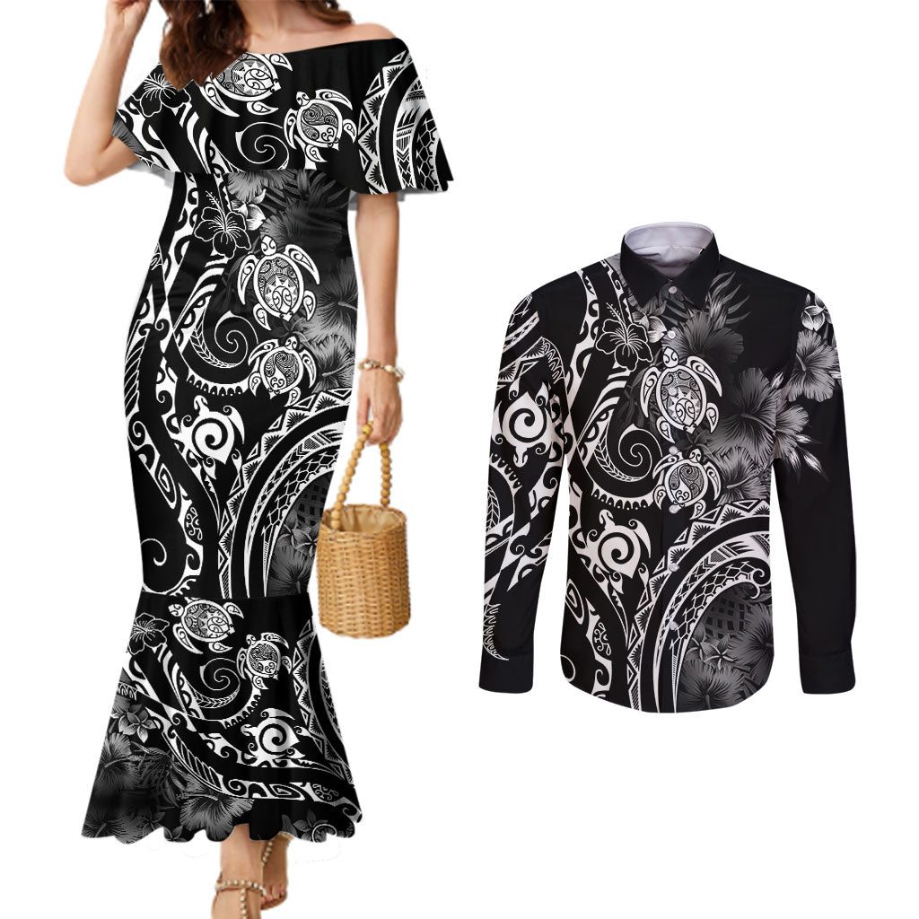 Aloha Hawaii Turtles Floral Couples Matching Mermaid Dress and Long Sleeve Button Shirt Obsidian Glaze