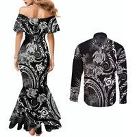 Aloha Hawaii Turtles Floral Couples Matching Mermaid Dress and Long Sleeve Button Shirt Obsidian Glaze