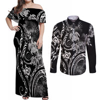 Aloha Hawaii Turtles Floral Couples Matching Off Shoulder Maxi Dress and Long Sleeve Button Shirt Obsidian Glaze