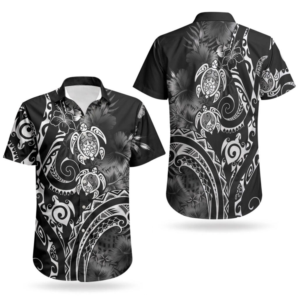 Aloha Hawaii Turtles Floral Couples Matching Off Shoulder Short Dress and Hawaiian Shirt Obsidian Glaze LT7 - Polynesian Pride