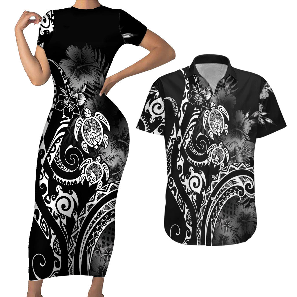 Aloha Hawaii Turtles Floral Couples Matching Short Sleeve Bodycon Dress and Hawaiian Shirt Obsidian Glaze LT7 Black - Polynesian Pride