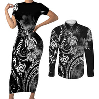 Aloha Hawaii Turtles Floral Couples Matching Short Sleeve Bodycon Dress and Long Sleeve Button Shirt Obsidian Glaze