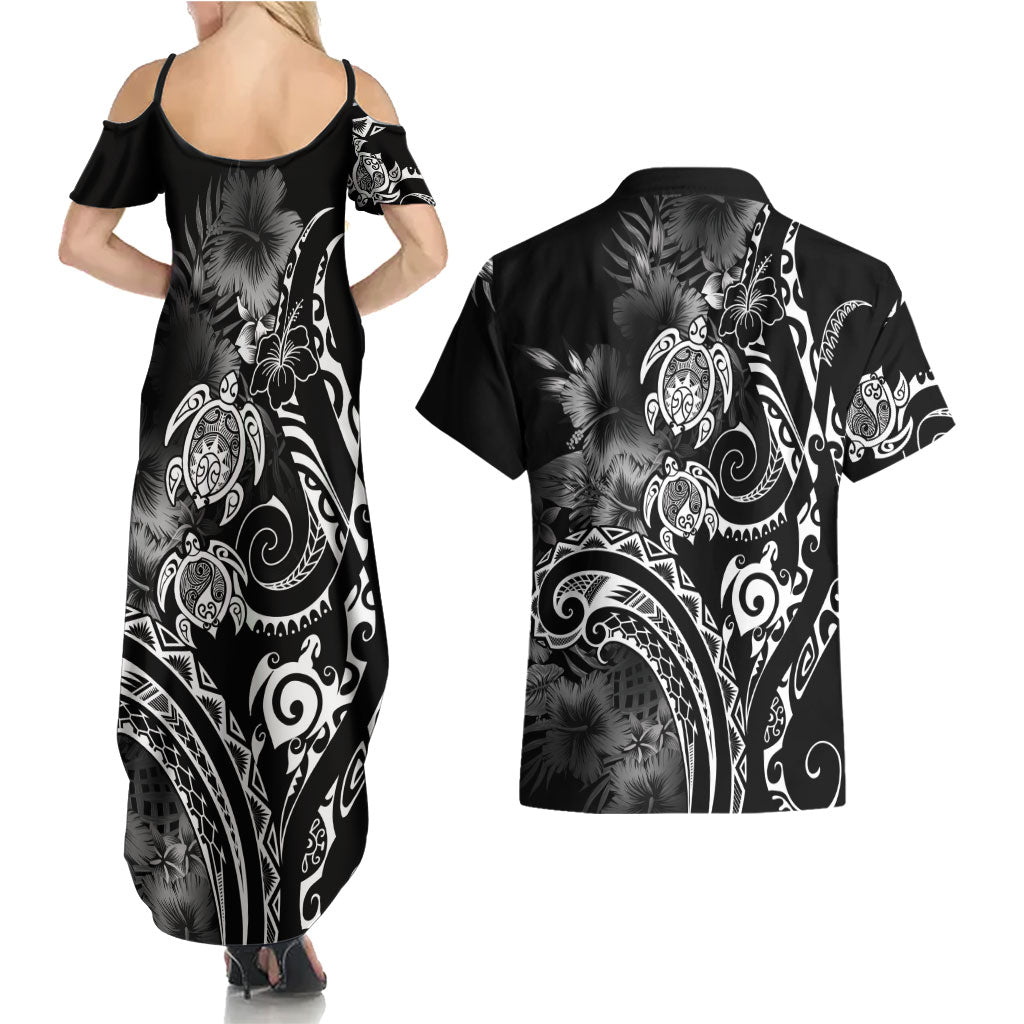 Aloha Hawaii Turtles Floral Couples Matching Summer Maxi Dress and Hawaiian Shirt Obsidian Glaze