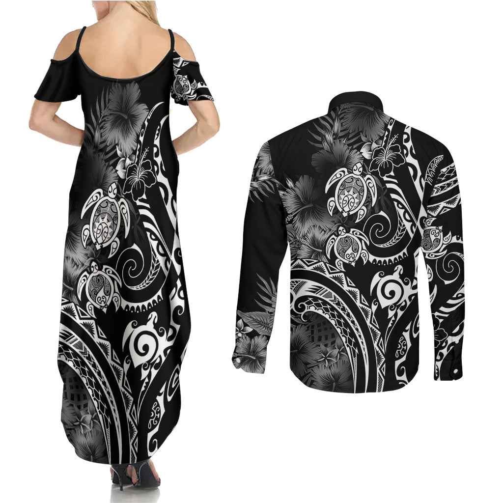 Aloha Hawaii Turtles Floral Couples Matching Summer Maxi Dress and Long Sleeve Button Shirt Obsidian Glaze