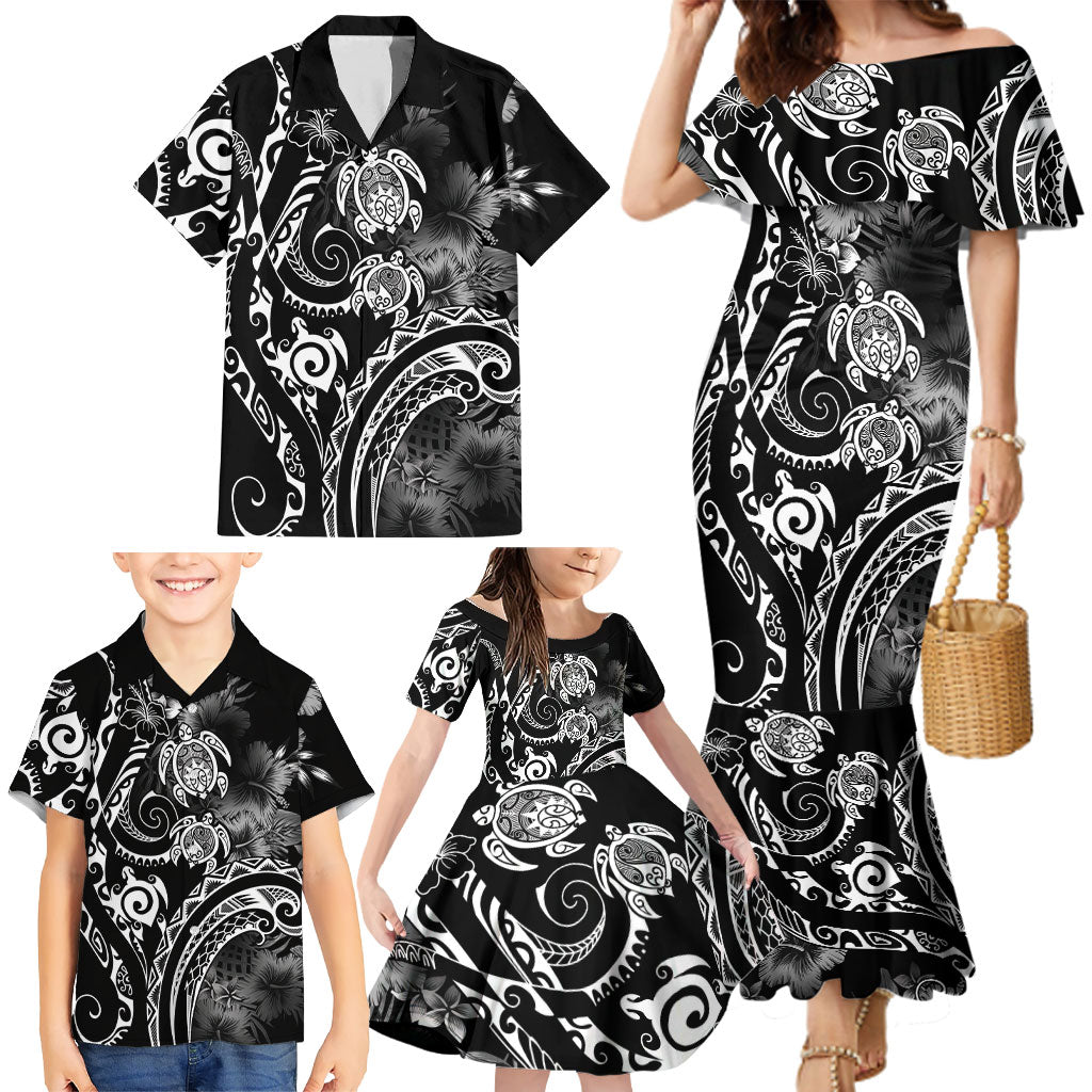 Aloha Hawaii Turtles Floral Family Matching Mermaid Dress and Hawaiian Shirt Obsidian Glaze