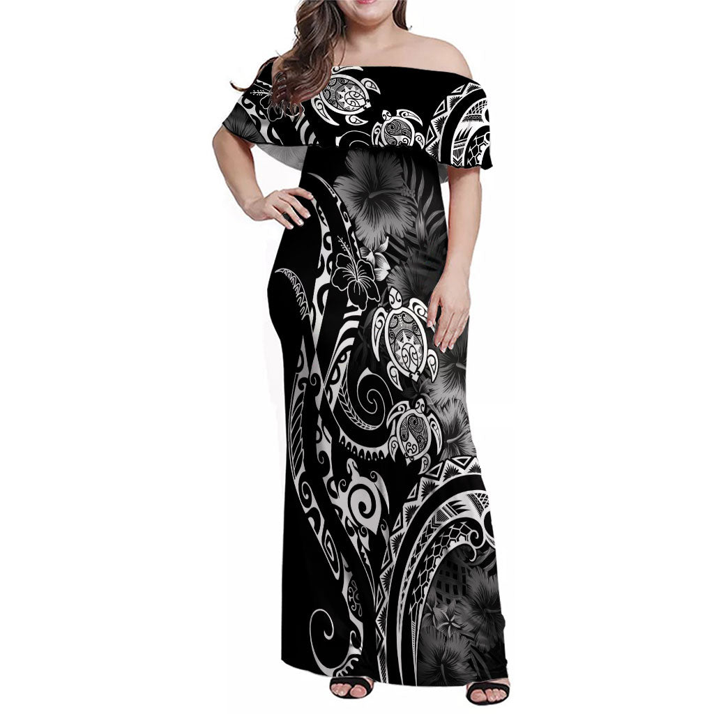 Aloha Hawaii Turtles Floral Family Matching Off Shoulder Maxi Dress and Hawaiian Shirt Obsidian Glaze